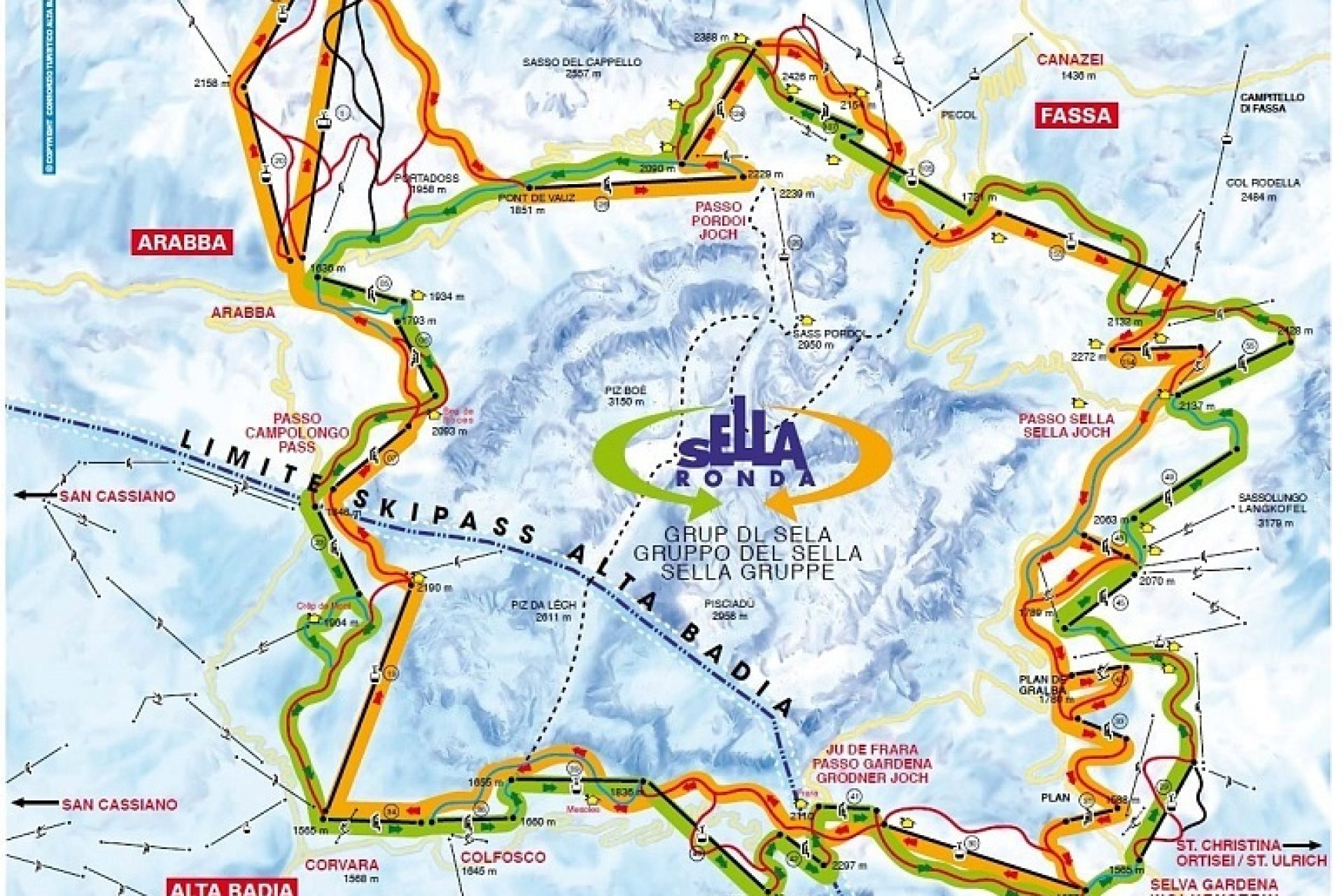 Die einzigartige Skitour „Sellaronda“ verläuft über die vier Dolomitenpässe rund um den Sellastock.